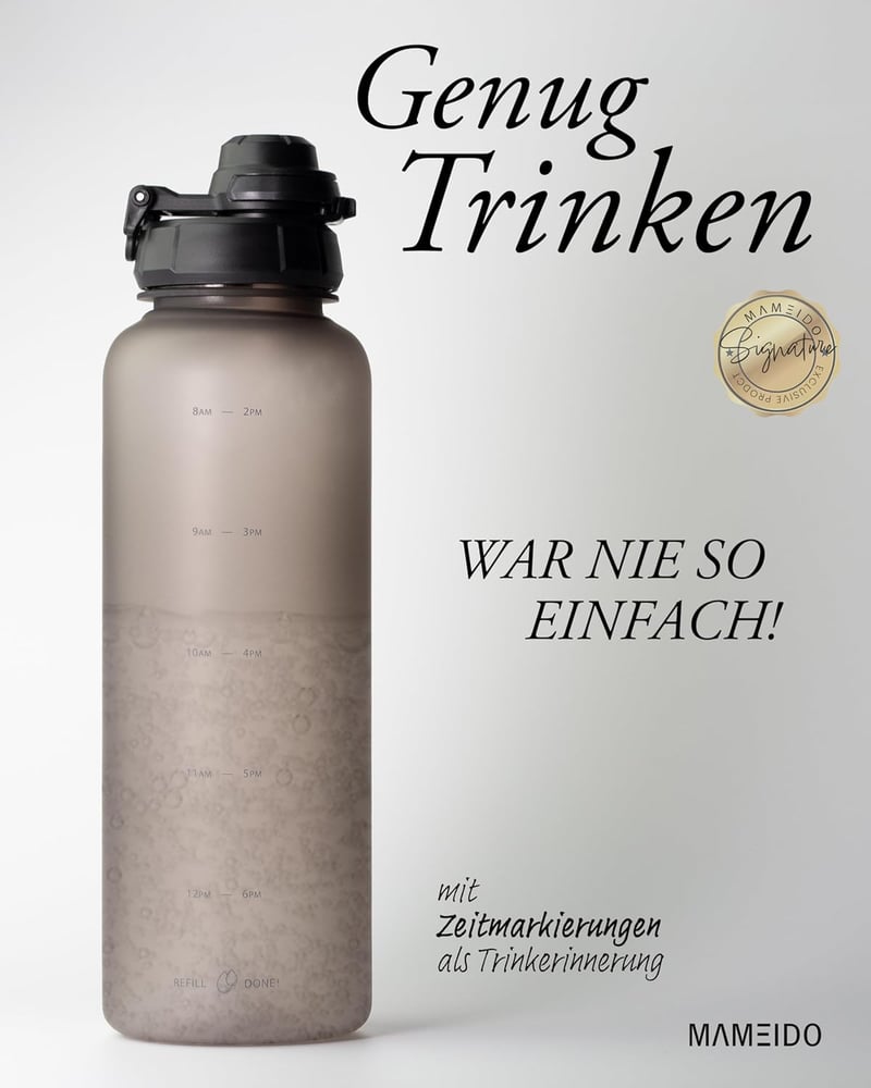 MAMEIDO 1.5L Tritán Sportpalack Időjelzéssel és Szívószállal, Szorítómentes Ivópalack - 1500 ml, Urban Taupe