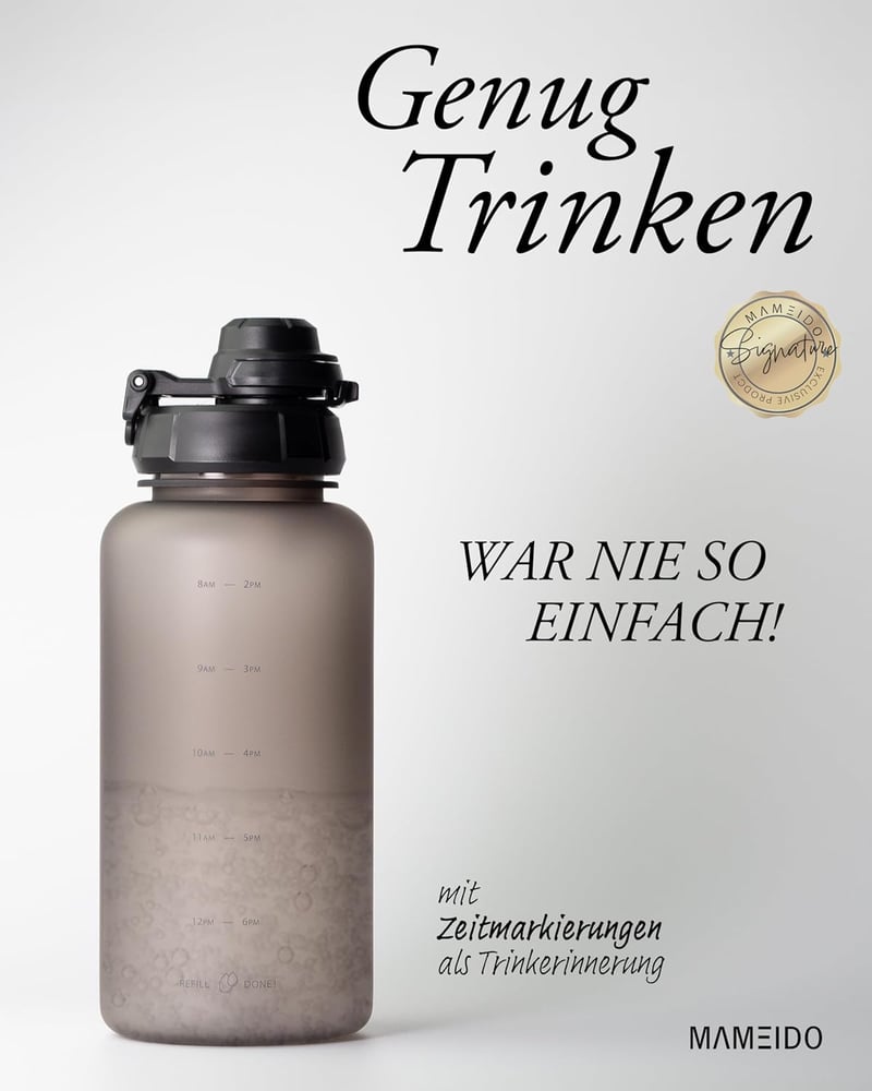 MAMEIDO 1 literes ivópalack időjelöléssel, szívószállal, szivárgásmentes sportpalack - 1,000 ml, Urban Taupe