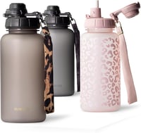 MAMEIDO 1 literes ivópalack időjelöléssel, szívószállal, szivárgásmentes sportpalack - 1,000 ml, Urban Taupe 1