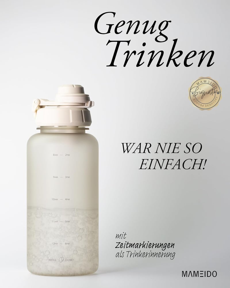MAMEIDO 1 literes ivópalack időjelöléssel, szívószállal, szivárgásmentes sportpalack BPA-mentes - 1,000 ml, Ivory Beige