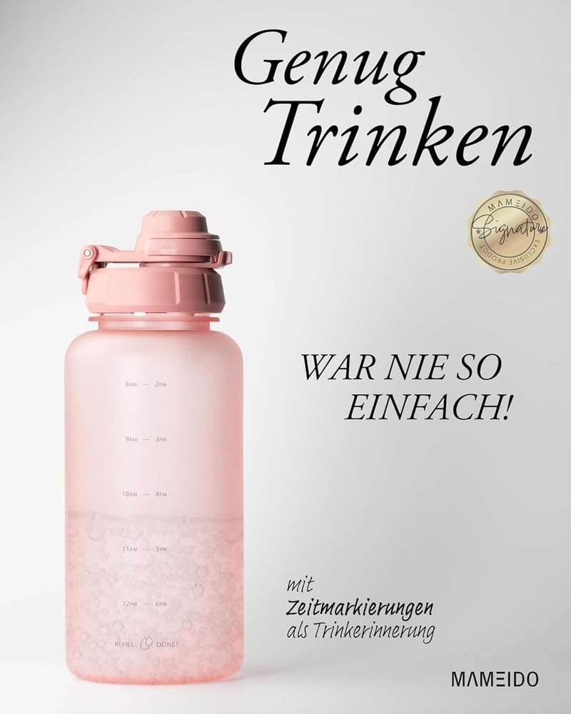 MAMEIDO 1 literes ivópalack időjelöléssel, szívószállal, szivárgásmentes sportpalack flamingó rózsaszín - 1,000 ml, Flamingo Pink