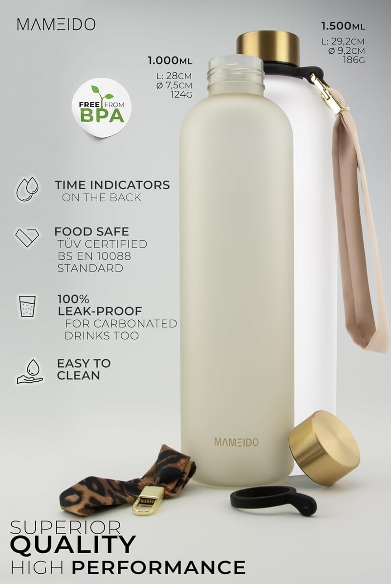 MAMEIDO 1L és 1.5L Szürke Sportpalack - BPA Mentes Motivációs Időjelzővel