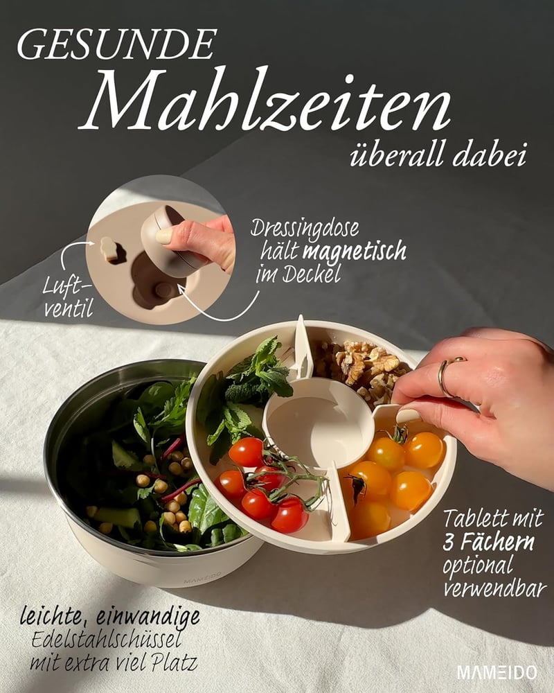 MAMEIDO Saláta Box 1.5L Rozsdamentes Acél Bento Ebéddoboz Tömített Öntetes Tartállyal - 1500 ml, Desert Sage