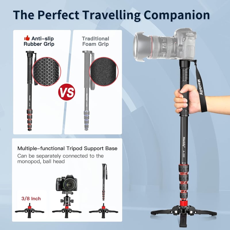 Manbily Kihúzható Alumínium Kamera Monopod Lábakkal, Hordozható Utazó Állvány DSLR Canon/Sony/Telefon, 5 Szekciós 170 cm-ig, 7 kg Teherbírás