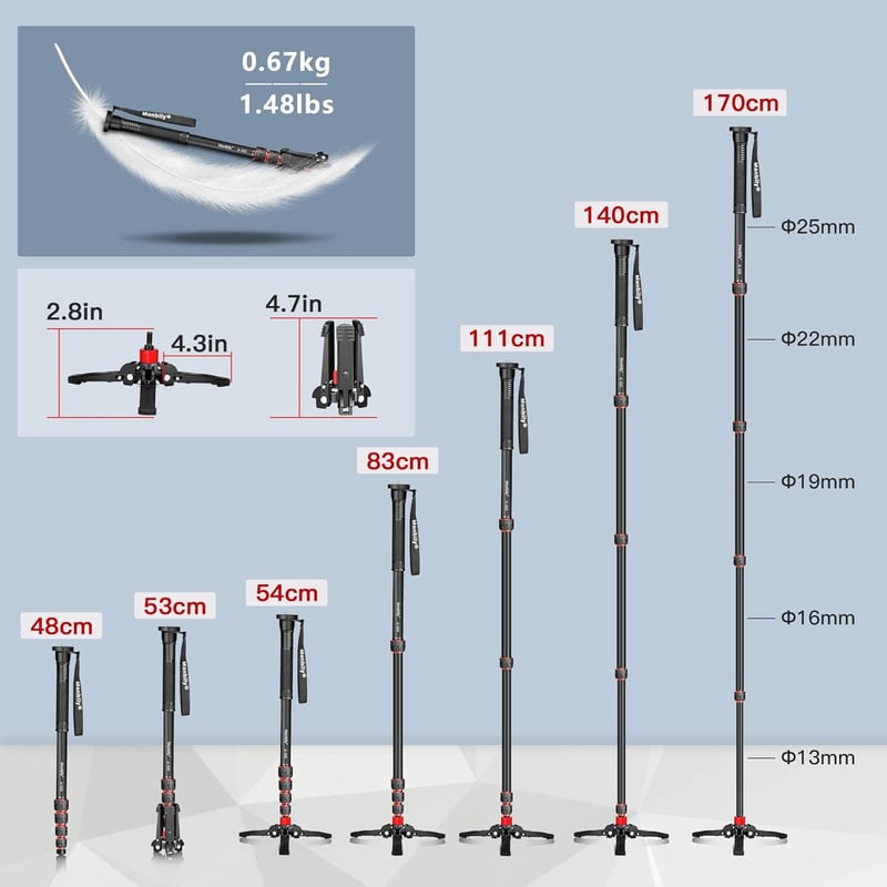 Manbily Kihúzható Alumínium Kamera Monopod Lábakkal, Hordozható Utazó Állvány DSLR Canon/Sony/Telefon, 5 Szekciós 170 cm-ig, 7 kg Teherbírás