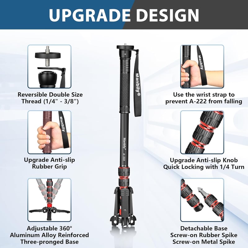 Manbily Kihúzható Alumínium Kamera Monopod Lábakkal, Hordozható Utazó Állvány DSLR Canon/Sony/Telefon, 5 Szekciós 170 cm-ig, 7 kg Teherbírás