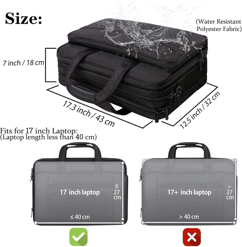 Mancro Üzleti Laptop Táska 17" - Vízálló, Bővíthető Válltáska Férfiaknak és Nőknek - Multifunkciós Notebook Táska Sok Zsebbel - Fekete