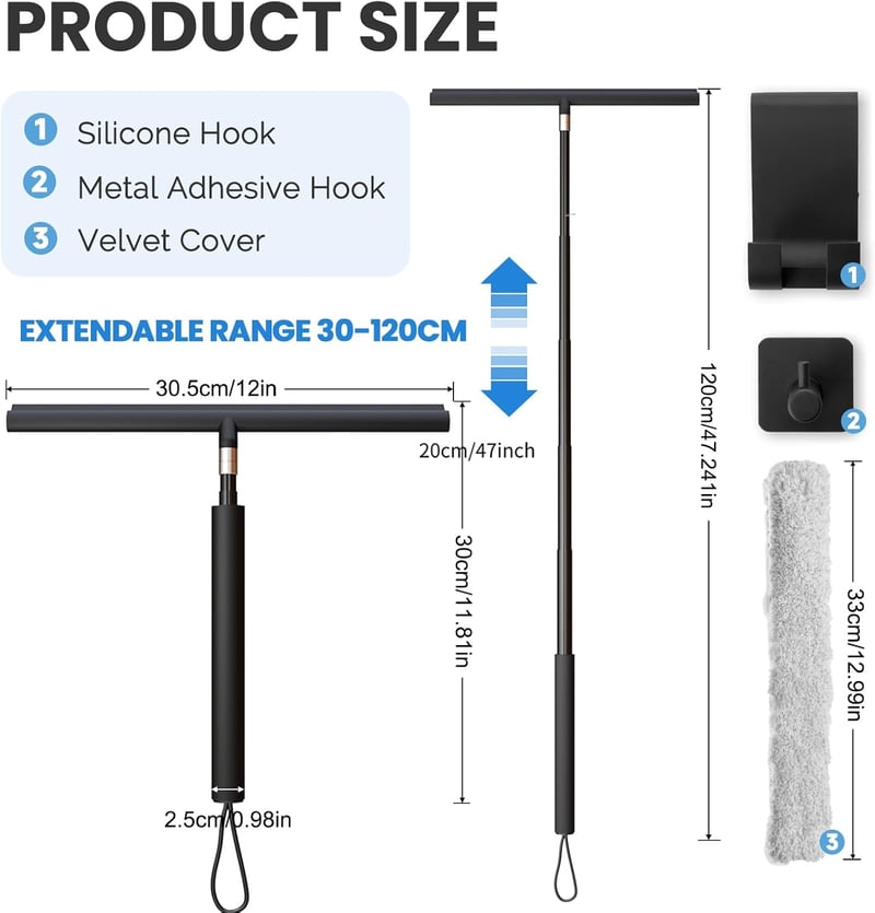 Mannicix 120 cm teleszkópos zuhany- és ablakkaparó, 2 az 1-ben vízlehúzó