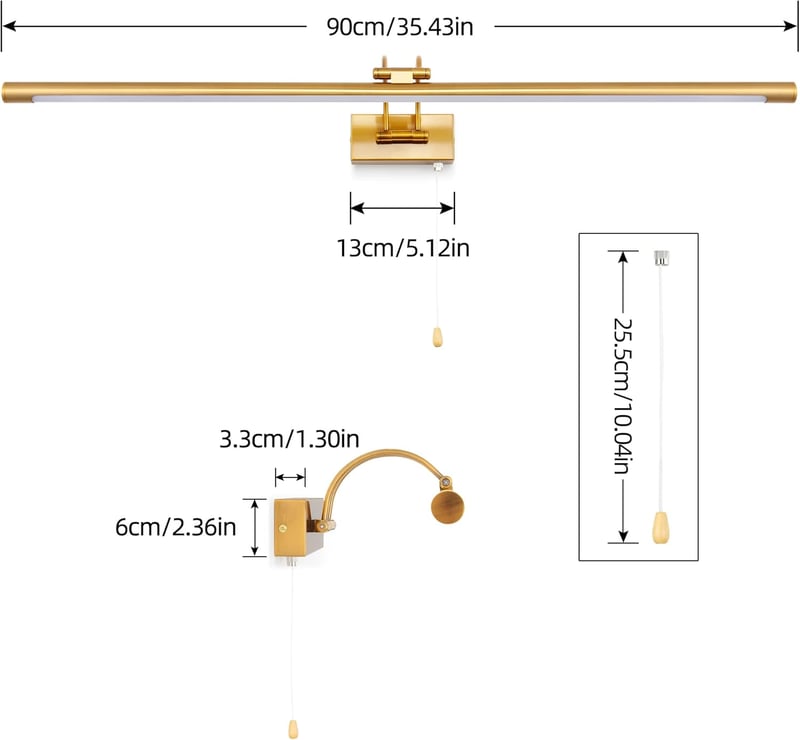 MantoLite LED Tükörlámpa 90 cm Réz - 16W, 3000K Meleg Fehér Fény, IP44 Vízálló, Húzókapcsolós Fürdőszobai Fali Világítás, 270° Állítható