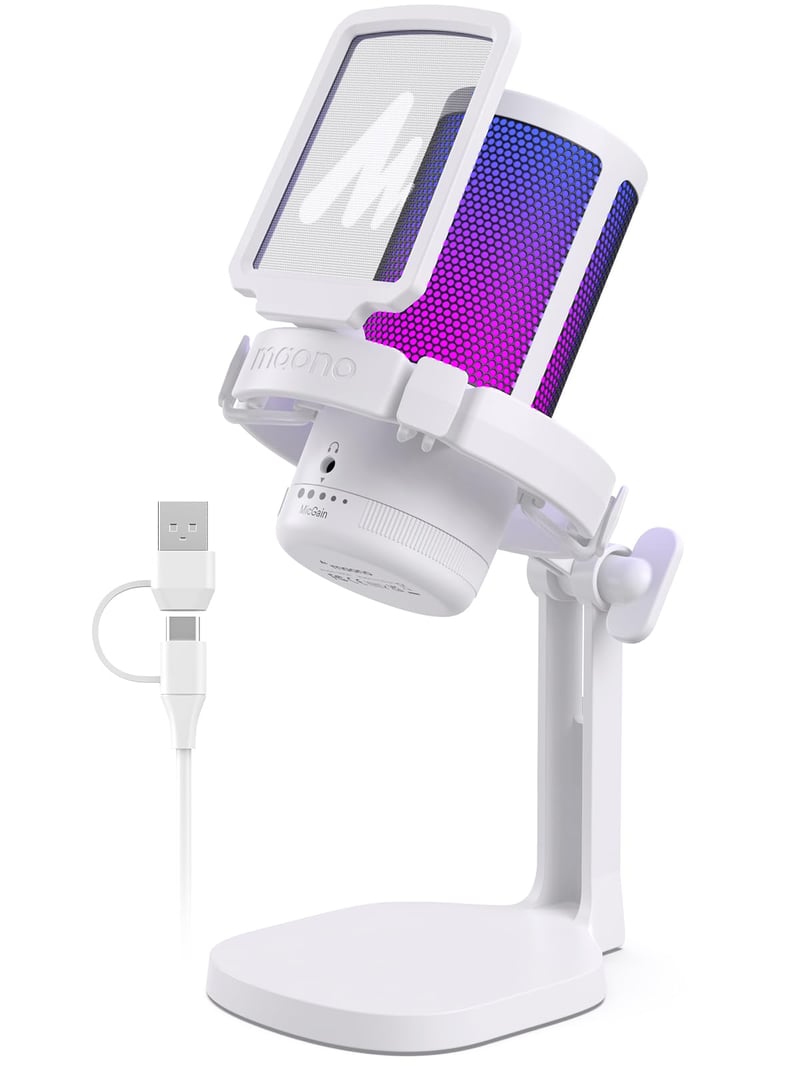 Herný USB mikrofón MAONO DGM20 biely, kondenzátorový mikrofón s potlačením hluku, stlmením, ovládaním zosilnenia a pop filtrom, na streamovanie, podcasty, pre PC, PS4, PS5, Mac