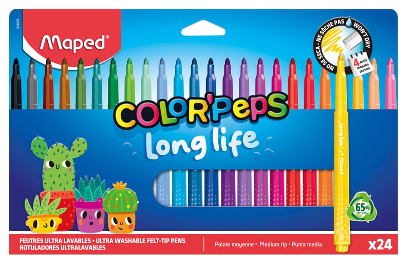 Set carioci Maped Color Pep's Long Life – 24 bucăți, lavabile, culori vii, pentru școală