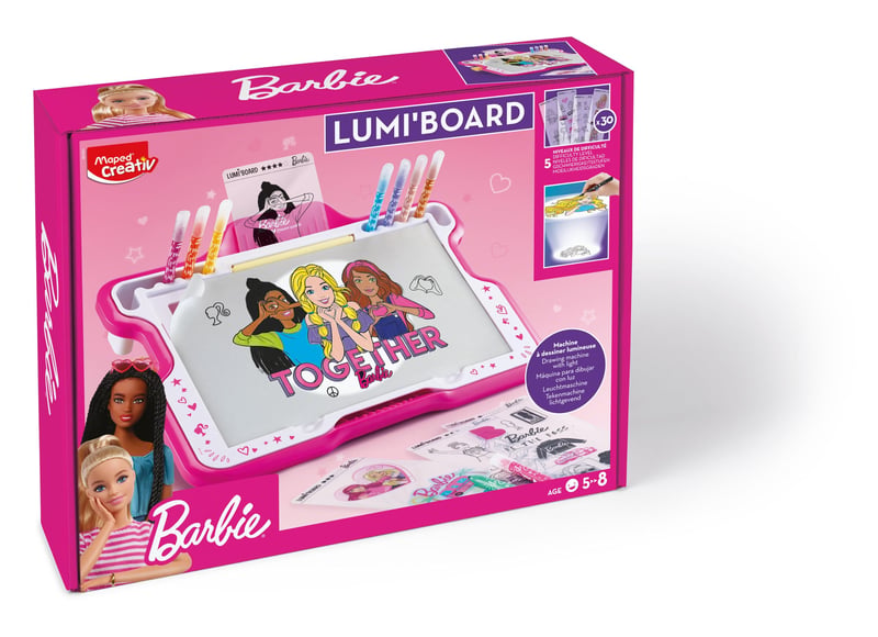 Masă de Desen Luminoasă Maped Creative Lumi'Board Barbie - 250 Motive Barbie, 30 de Coli, de la 5 Ani