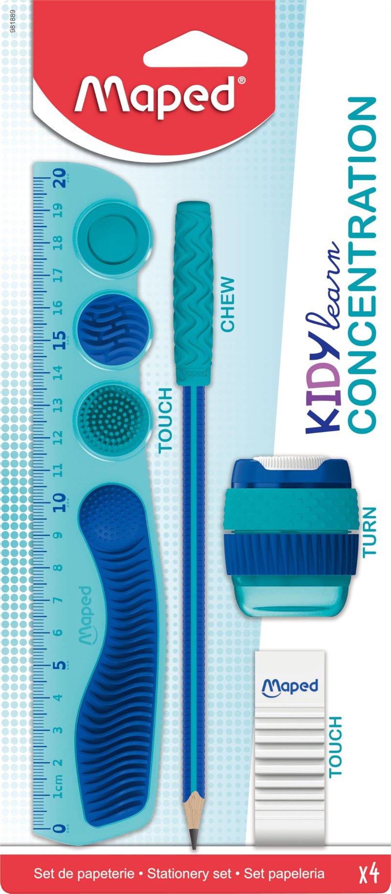 Maped Kidy Learn Concentration 4 részes iskolai szett - vonalzó, hegyező, radír, ceruza