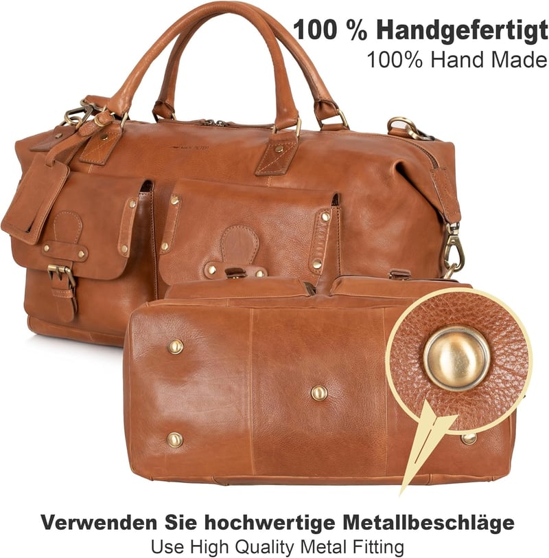 Marc Peter Wax Tan Bőr Utazótáska Férfiaknak Hétvégi Weekender Duffel Bag Nagy XL