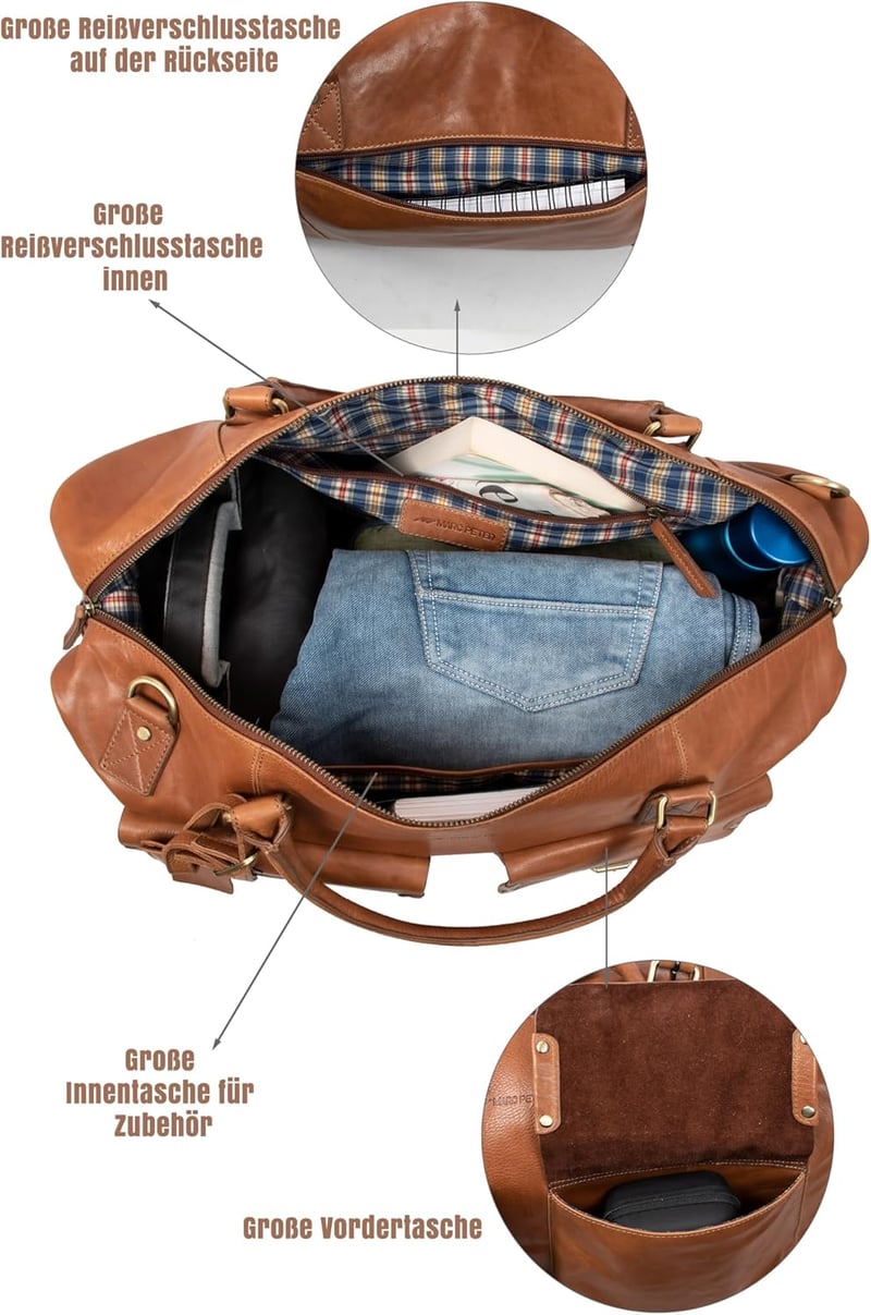 Marc Peter Wax Tan Bőr Utazótáska Férfiaknak Hétvégi Weekender Duffel Bag Nagy XL