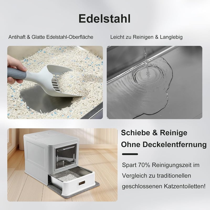 Marchul zárt macskaalom tál rozsdamentes acél fedéllel és fiókkal beltéri macskáknak, cseppek elleni rács, alomlapát és szőnyeg, szagmentes,