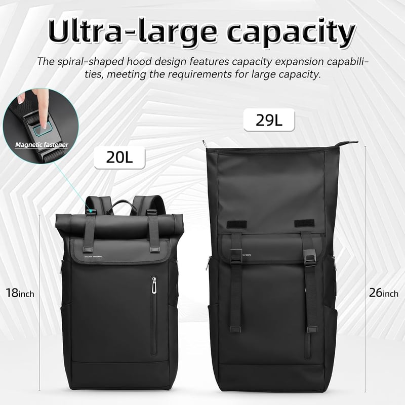 Mark Ryden Rolltop Hátizsák Férfiaknak, 20-29L Vízálló Laptoptáska 17,3 Colos Notebookhoz, USB Töltőporttal, Bővíthető Kapacitással