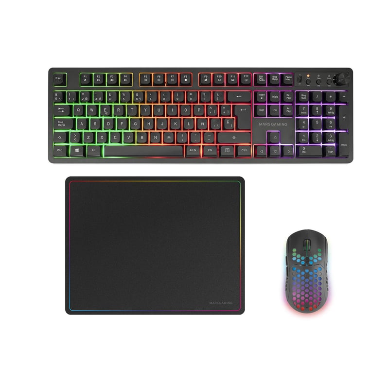 Combo Gaming Wireless Mars Gaming MCPWX - Tastatură FRGB + Mouse RGB 3200DPI + Mousepad 360x260 mm, DualPro Link 2.4GPRO, Negru