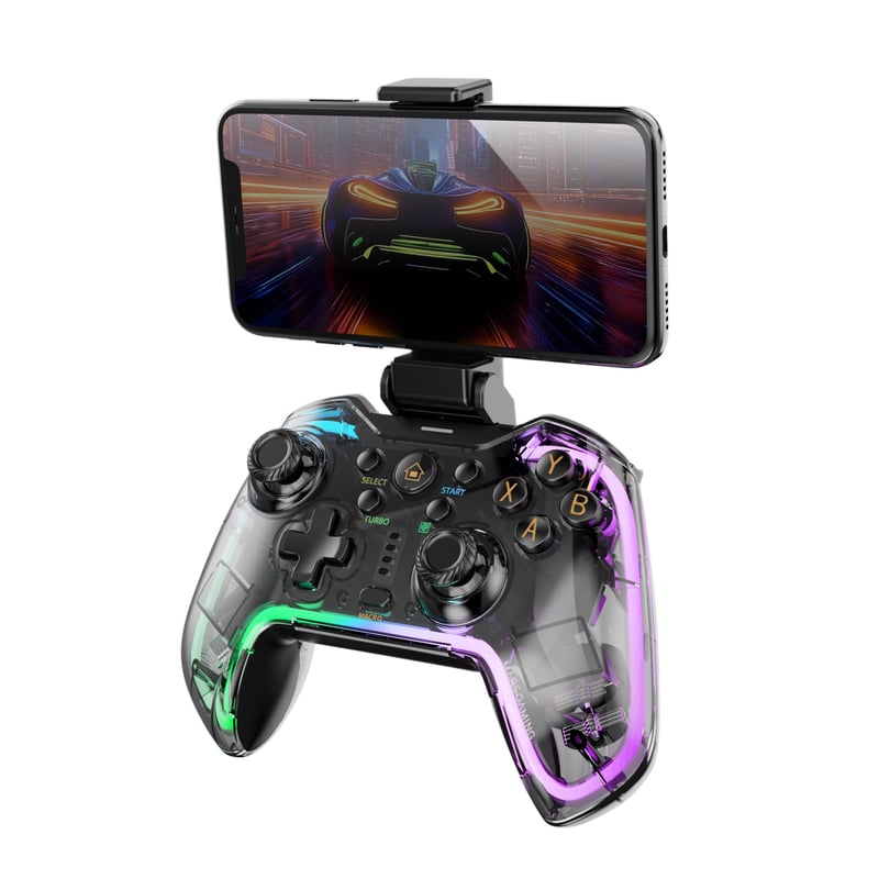 Gamepad Mars Gaming MGP-BT2 Bluetooth 5.0, RGB Neon, Feedback Haptic, Trăgaci analogic, Suport pentru smartphone (max. 7"), Switch, PC, Android, iOS, PS3, PS4, Transparent