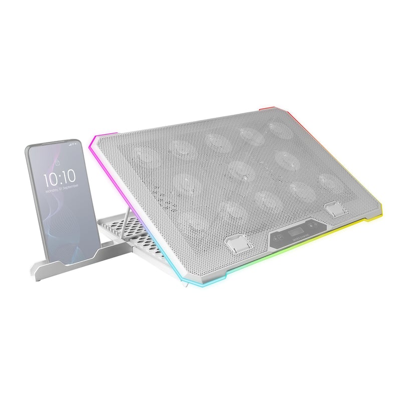 Suport Laptop și Cooler Mars Gaming MNBC13W pentru laptopuri de până la 17", ARGB cu 10 moduri, 13 ventilatoare, ecran LCD, 8 poziții, suport pentru smartphone, alb