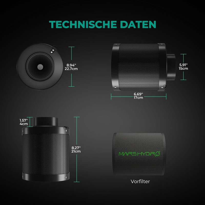 MARS HYDRO 150mm Szénszűrő Szageltávolítás Növénytermesztéshez Cserélhető Szénmaggal - 6inch（150mm）