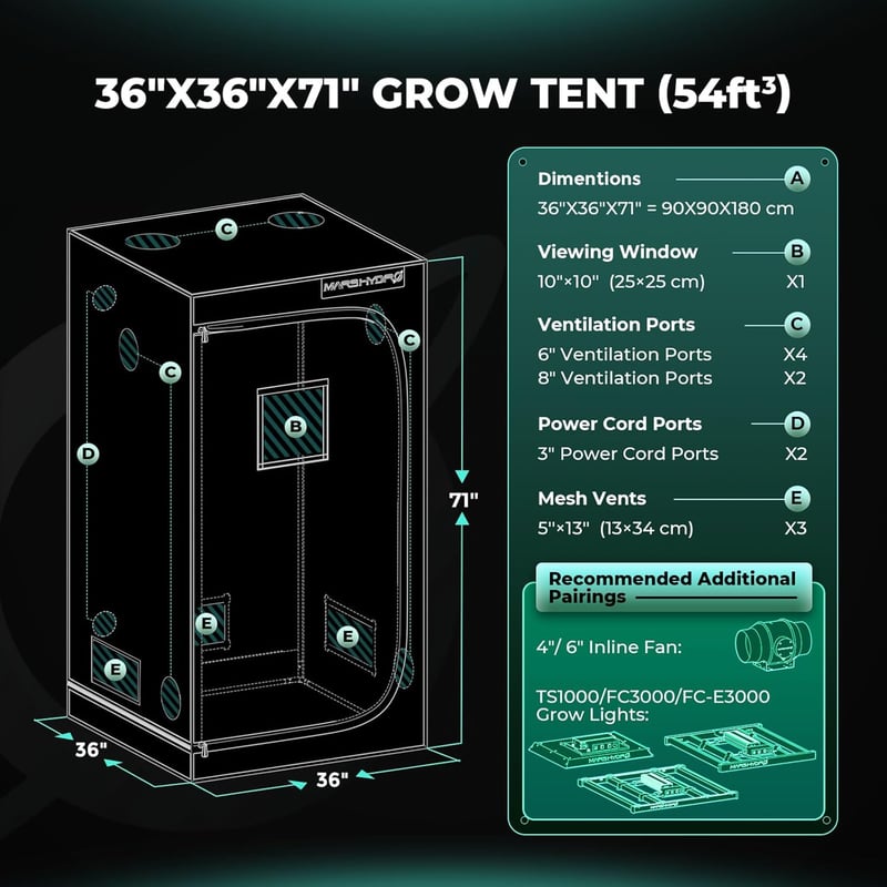 MARS HYDRO 90x90x180 cm Grow Tent Reflektív Mylar Beltéri Növénytermesztő Sátor