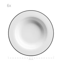 MÄSER Nola étkészlet 6 személyre, 12 részes, fehér fekete peremmel, lapos tányér és leveses tányér szett, kerek porcelán étkészlet 3