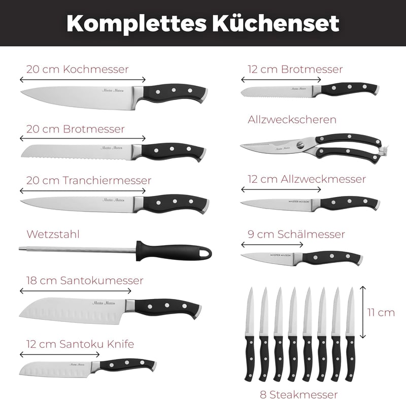 Master Maison 19 részes konyhai kés szett német rozsdamentes acélból, fa talppal és kés élezővel