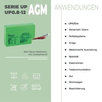 Acumulator AGM Master U-Power 12V 0,8Ah, baterie cu plumb VRLA, ermetică și fără întreținere, cu conector AMP cu 2 pini de 3,96 mm, pentru sisteme de alarmă și sisteme de rezervă. 3