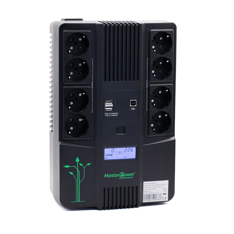 UPS Master U-Power 850VA, 480W, afișaj LCD, 8 prize Schuko, USB, RJ45