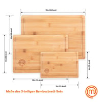 Sada bambusových dosiek na krájanie MasterChef 3 ks - Veľká 38x27,5 cm, Stredná 34x23,5 cm, Malá 23x15 cm, Prírodný bambus, S drážkou na odtok šťavy 6
