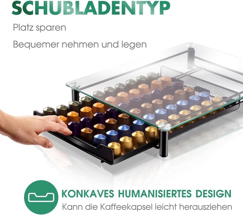 Masthome Nespresso kapszula tartó 60 kapszulához, üveg tárolódoboz tisztítóronggyal