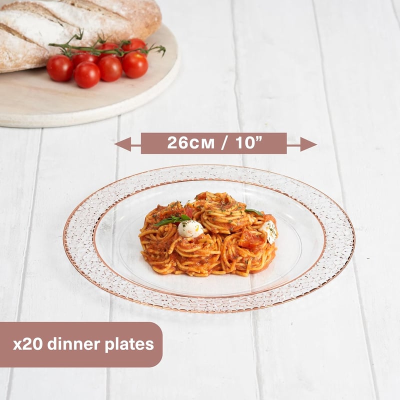 MATANA 20 db Elegáns Átlátszó Műanyag Tányér Rozéarany Szegéllyel 26 cm