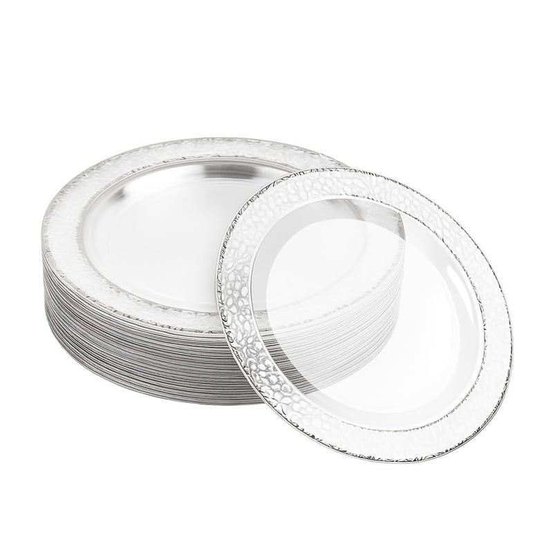 MATANA 20 komada Premium Prozirni Plastični Tanjuri sa Srebrnim Rubom, 26 cm, Višekratni Set Tanjura za Vjenčanja, Rođendane, Zabave