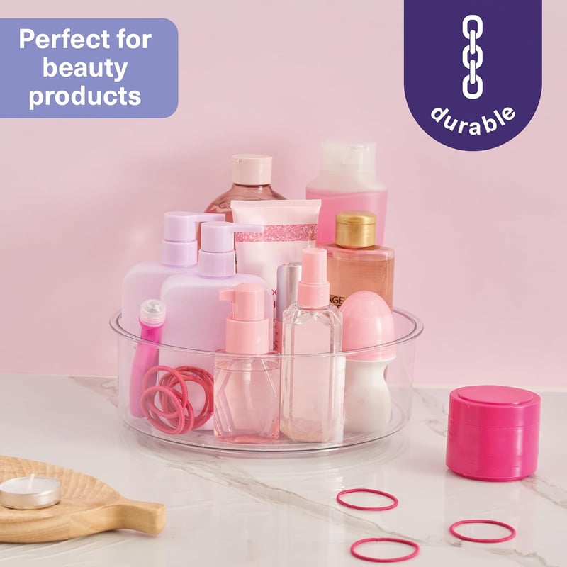 MATANA 360° Forgó Tálca Szett 2db - 23cm Átlátszó Forgótányér Magas Peremmel Fűszertartóhoz, Hűtőbe, Konyhaszekrénybe, Fürdőszobai Kozmetiku