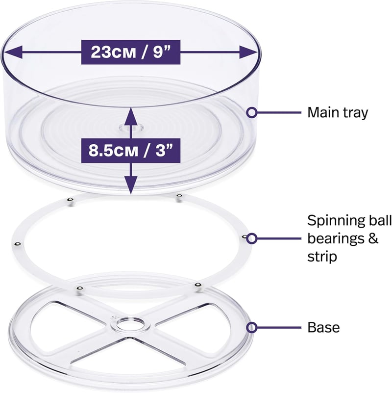 MATANA 360° Forgó Tálca Szett 2db - 23cm Átlátszó Forgótányér Magas Peremmel Fűszertartóhoz, Hűtőbe, Konyhaszekrénybe, Fürdőszobai Kozmetiku
