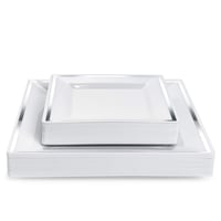 Set 40 Farfurii din Plastic Alb MATANA cu Margine Argintie (Pătrate, 2 Mărimi) - Farfurii de Petrecere Durabile, Veselă Reutilizabilă pentru Nunți, Zile de Naștere și Sărbători 1