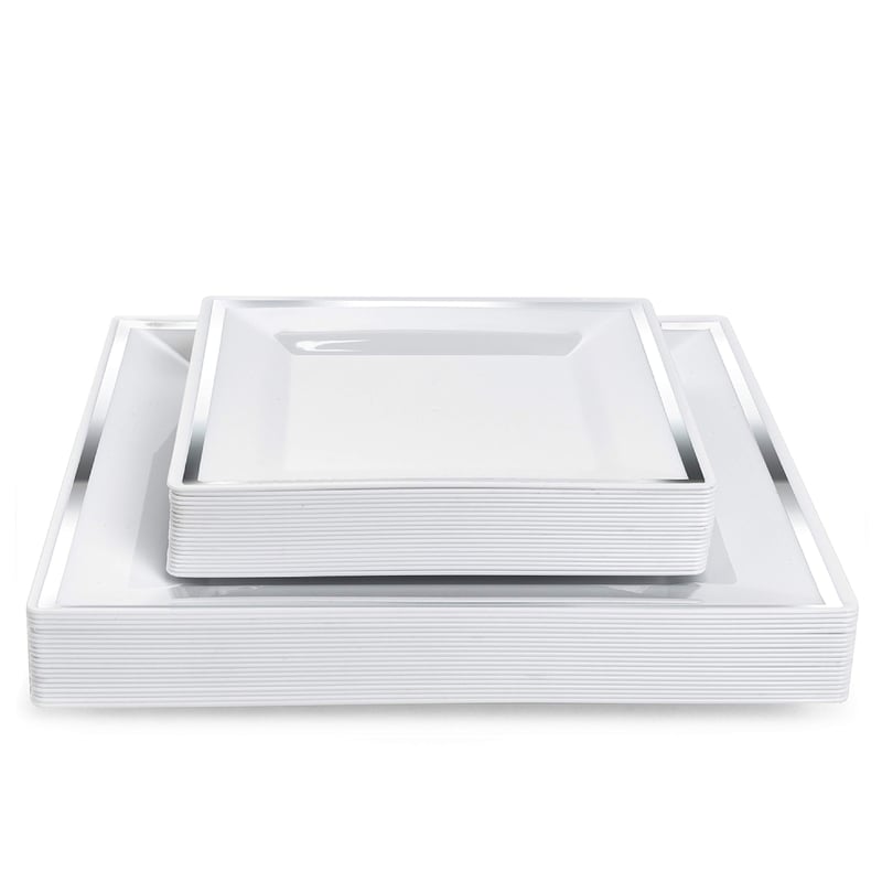 Set 40 Farfurii din Plastic Alb MATANA cu Margine Argintie (Pătrate, 2 Mărimi) - Farfurii de Petrecere Durabile, Veselă Reutilizabilă pentru Nunți, Zile de Naștere și Sărbători