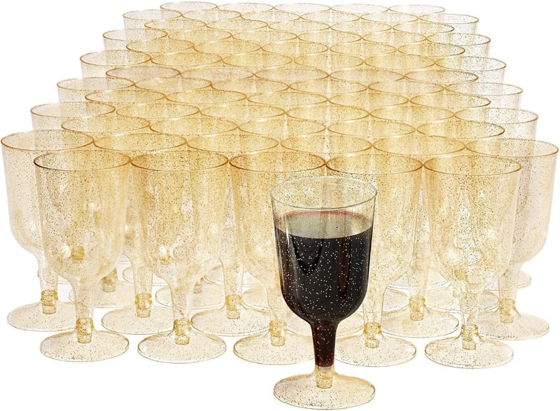 MATANA 50 db Prémium Műanyag Borospohár Arany Csillámmal, 180 ml - Mosogatógépben Mosható, BPA-mentes Pezsgős Poharak Esküvőkre, Partikra

A