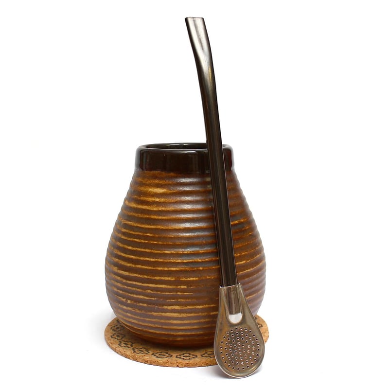 Sada čajov Mate Green Yerba Mate – Keramický hrnček na maté 350 ml – Nerezová bombilla (slamka) 19 cm – Ručne vyrobená keramická kalabasa – Ba