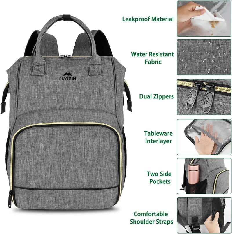 MATEIN 15.6" Laptop Hátizsák Hűtőtáskával, USB Töltőporttal, Vízálló Munka Hátizsák Szürke
