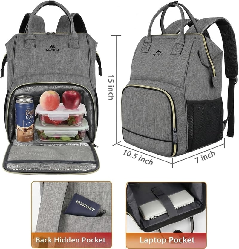 MATEIN 15.6" Laptop Hátizsák Hűtőtáskával, USB Töltőporttal, Vízálló Munka Hátizsák Szürke