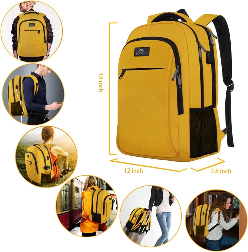 MATEIN 15,6" Laptop Hátizsák Nőknek - Sárga Notebook Táska USB Töltőporttal, Üzleti és Munkavégzéshez, Férfiaknak is