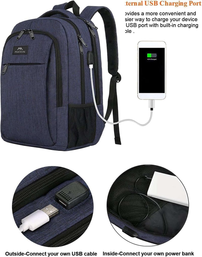 MATEIN 15,6" Laptop Hátizsák USB Töltőporttal - Vízálló Iskolatáska Férfiaknak, Kék Notebook Táska Utazáshoz, Munkához - 15.6 inches, Blue