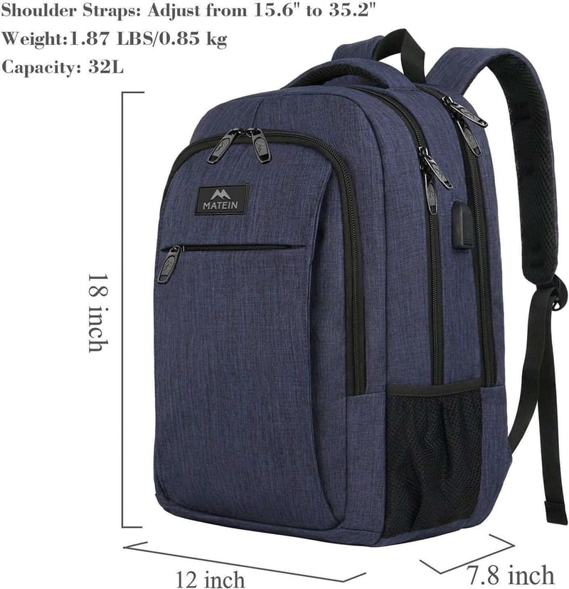 MATEIN 15,6" Laptop Hátizsák USB Töltőporttal - Vízálló Iskolatáska Férfiaknak, Kék Notebook Táska Utazáshoz, Munkához - 15.6 inches, Blue