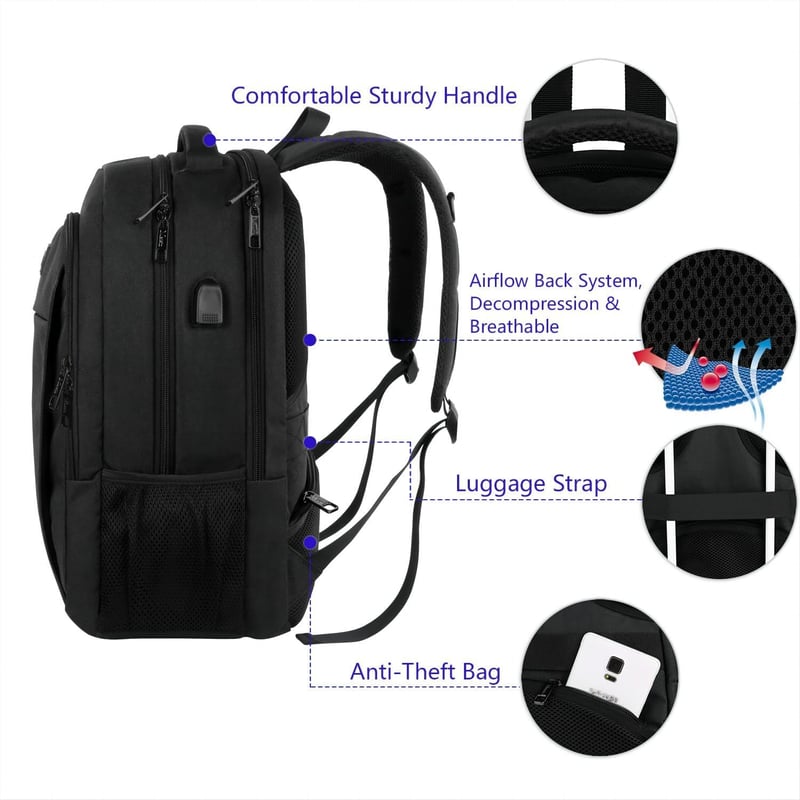 MATEIN 15,6" Laptop Hátizsák USB Töltőporttal - Vízlepergető Számítógép Táska Utazáshoz, Munkához, Iskolához - Fekete