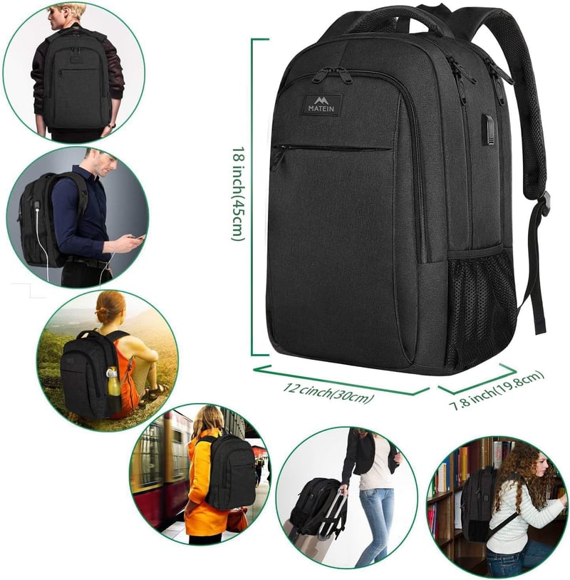 MATEIN 15,6" Laptop Hátizsák USB Töltőporttal - Vízlepergető Számítógép Táska Utazáshoz, Munkához, Iskolához - Fekete