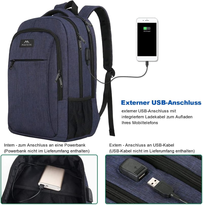 MATEIN 17.3 Colos Laptop Hátizsák USB Töltőporttal Vízálló Antitolvaj Férfi Női Utazási Iskolatáska Sötétkék