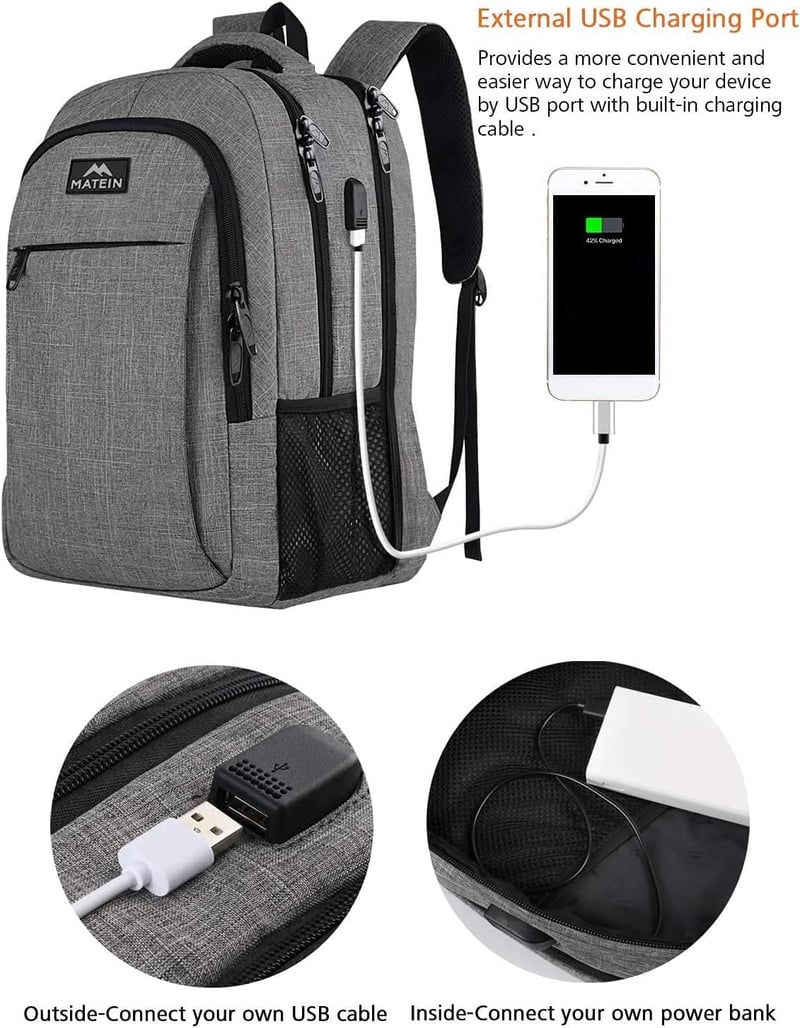 MATEIN 17,3 Hüvelykes Laptop Hátizsák USB Töltőporttal - Vízálló Utazó Táska Lopásgátló Zsebbel, Szürke