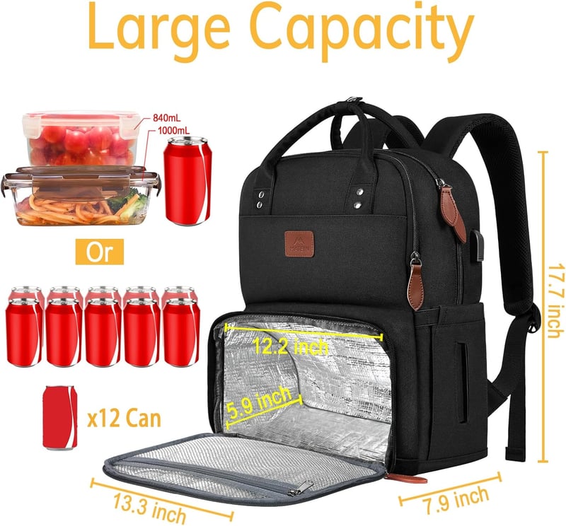 MATEIN 17 Hüvelyk Laptop Hátizsák Hűtőtáskával, USB Porttal, Utazáshoz és Munkához - 17.3 inch, Black